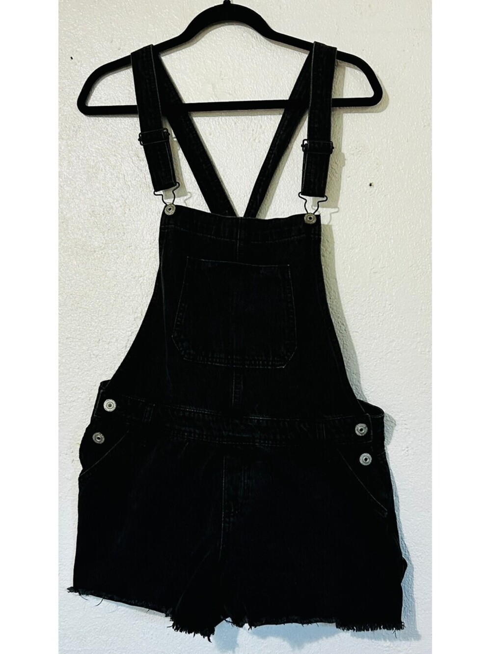 Wallflower Black Denim Shortalls Overalls Juniors L Crossback Raw Hem Grunge